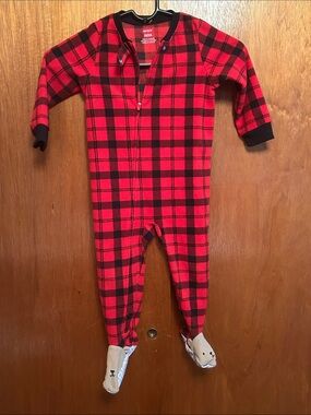 Carter's Red and Black Plaid Fleece Footed One-Piece Pajamas